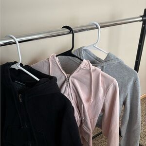 Trio of Brandy Melville Zip & Pullover Hoodies — Black, Blush Pink, Heather Gray
